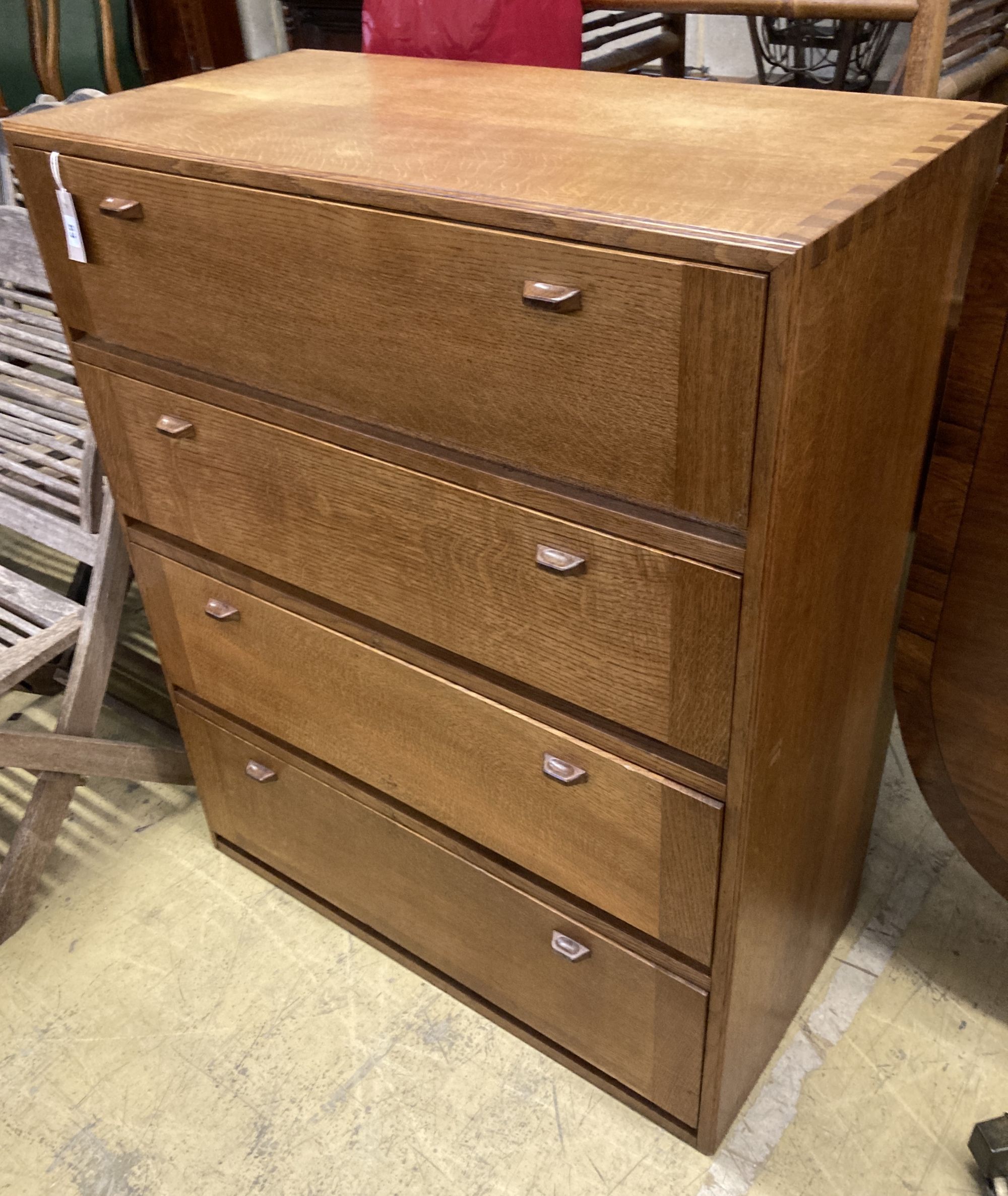 A mid century Cotswold School four section oak drop leaf cabinet, width 91cm, depth 46cm, height 111cm